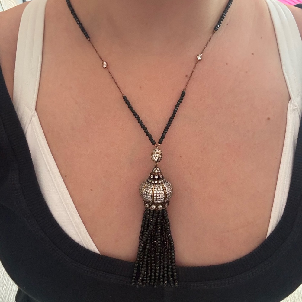 Elegant Black, Silver, and Gold Tassel Necklace